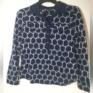 Talbot's Navy and White Long Sleeve Nautical Coastal Polo Shirt Sz SP